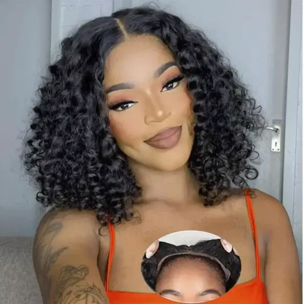 Short Curly Wigs Water Wave 4x4 Lace Front Glueless