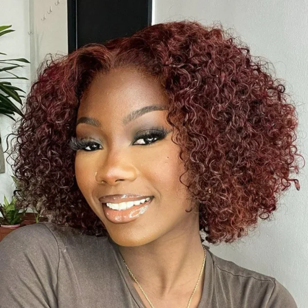 Short Curly Wigs 7x5 Closure Burgundy Deep Wave Bob