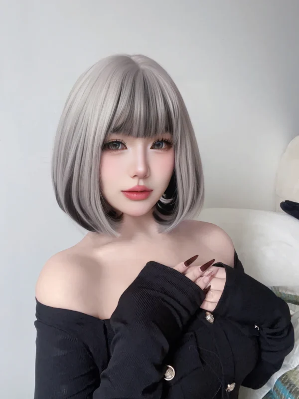 Short Wigs For Black Women Silver Gray Straight Lolita Wig - Image 4