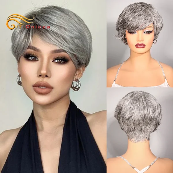 Short Wigs For Black Women Grey Pixie Cut Human Hair With Bangs