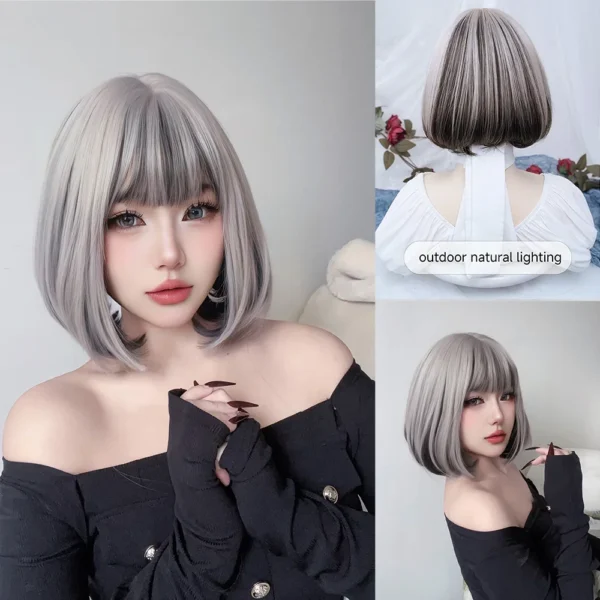 Short Wigs For Black Women Silver Gray Straight Lolita Wig