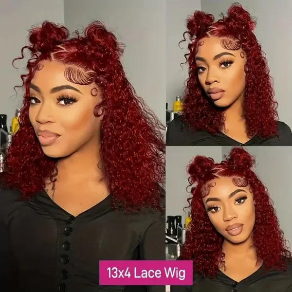 Short Curly Wigs 99J Burgundy Deep Wave 13x4 Lace - Image 2