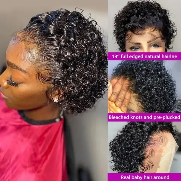 Short Curly Wigs Pixie Cut 13x4 Lace Frontal Human Hair - Image 2