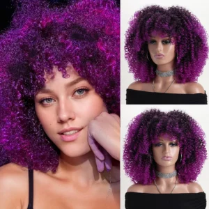 Short Wigs For Black Women Curly Synthetic Deep Purple Gradient 16 Inch