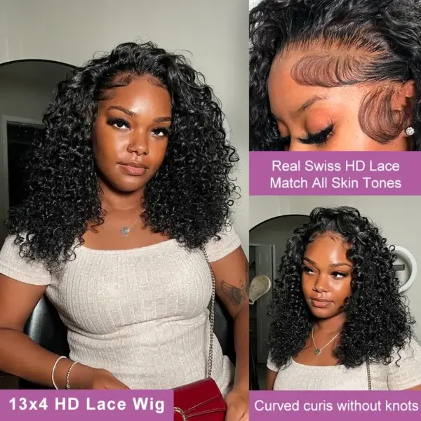 Short Curly Wigs Water Curly 13x4 HD Lace Brazilian Hair - Image 2