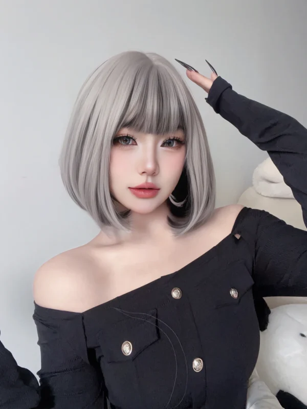 Short Wigs For Black Women Silver Gray Straight Lolita Wig - Image 3