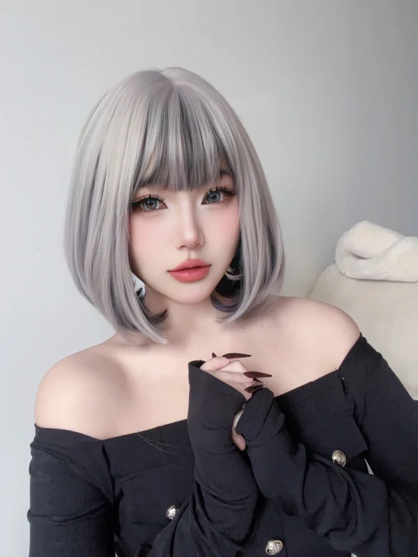 Short Wigs For Black Women Silver Gray Straight Lolita Wig - Image 2