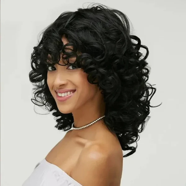 Short Wigs Natural Black Curly Hair with Skewed Bangs