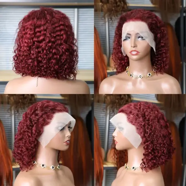 Short Curly Wigs Burgundy Red Water Wave Lace Frontal Bob - Image 2