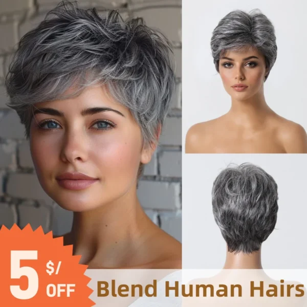 Short Wigs, 8 Inch Grey Pixie Cut, Layered Human Hair Wig