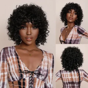 Short Curly Blonde Afro Wig With Bangs For Black Women Synthetic