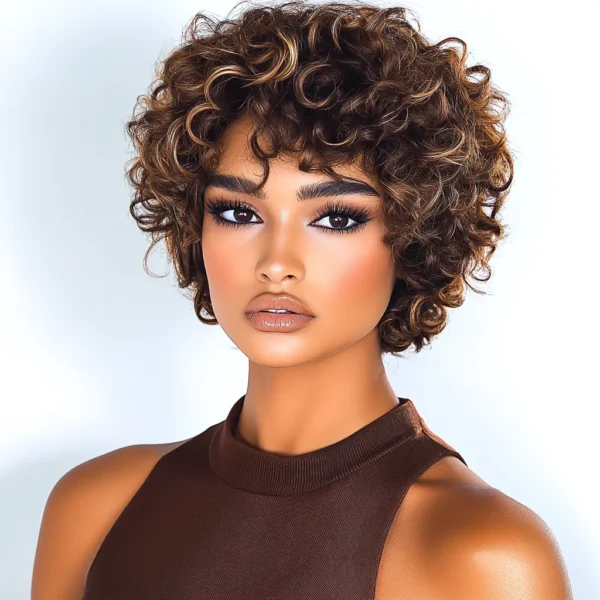 Short Curly Wigs Sleek Brown Curly Brazilian Pixie Wig