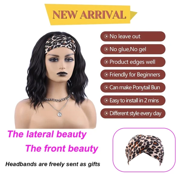 Short Wigs For Black Women Wavy Headband Bob Wig Synthetic Curly - Image 2