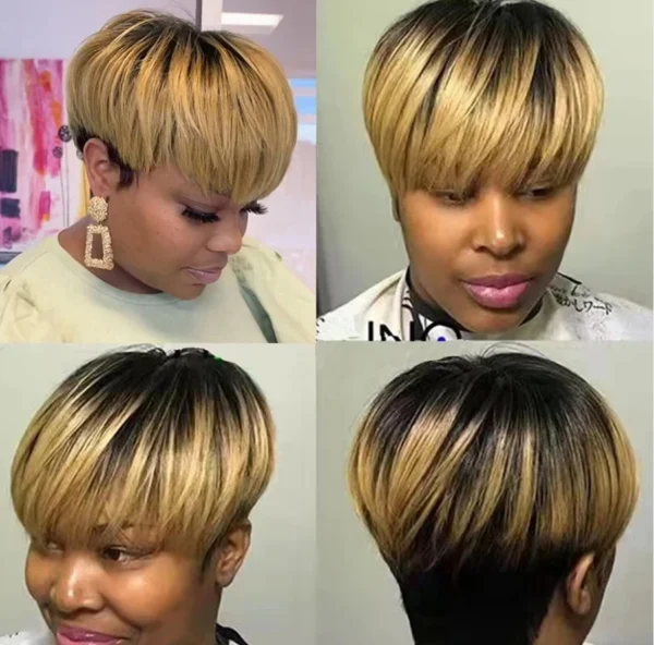 Short Wigs 1B/27 Honey Blonde Ombre Wavy Bob Pixie Cut - Image 2