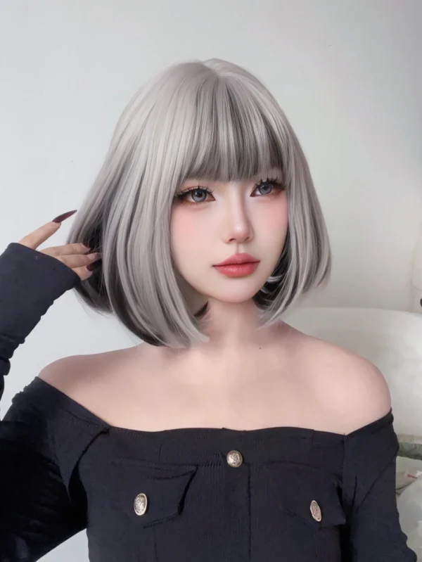 Short Wigs For Black Women Silver Gray Straight Lolita Wig - Image 5