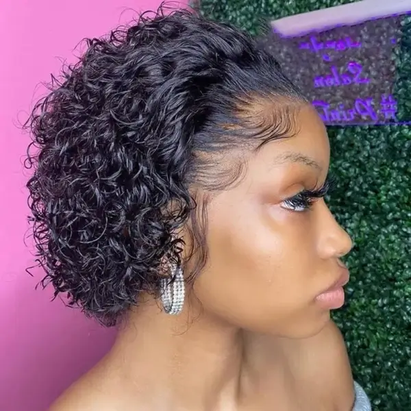 Short Curly Wigs Pixie Cut Lace Front Water Wave Human - Image 3