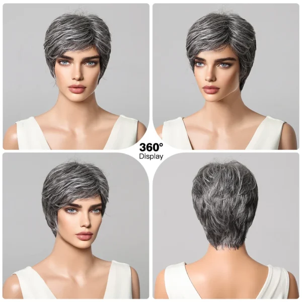 Short Wigs, 8 Inch Grey Pixie Cut, Layered Human Hair Wig - Image 4