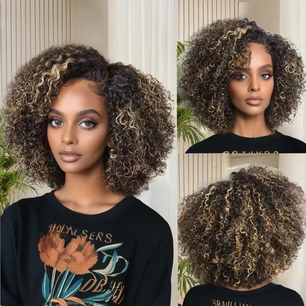 Short Curly Wigs Honey Blonde Kinky Curly Ombre Deep Wave