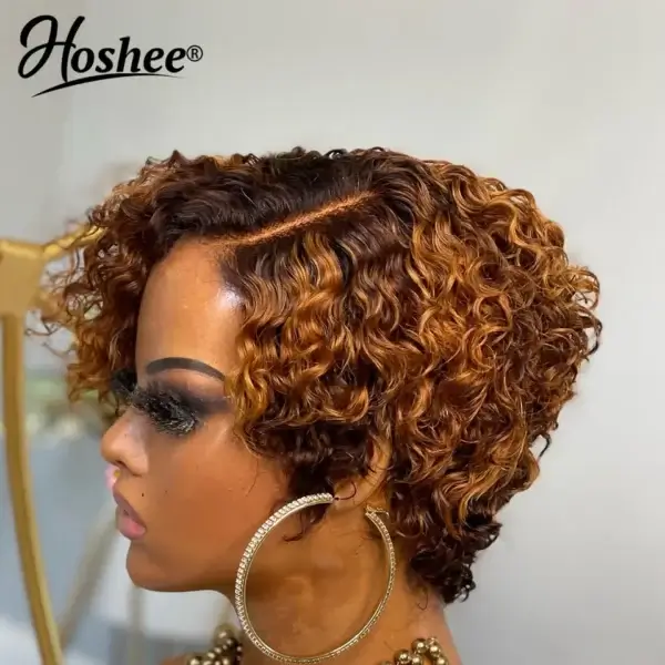 Short Curly Wigs Ombre Brown Pixie Cut Lace Closure